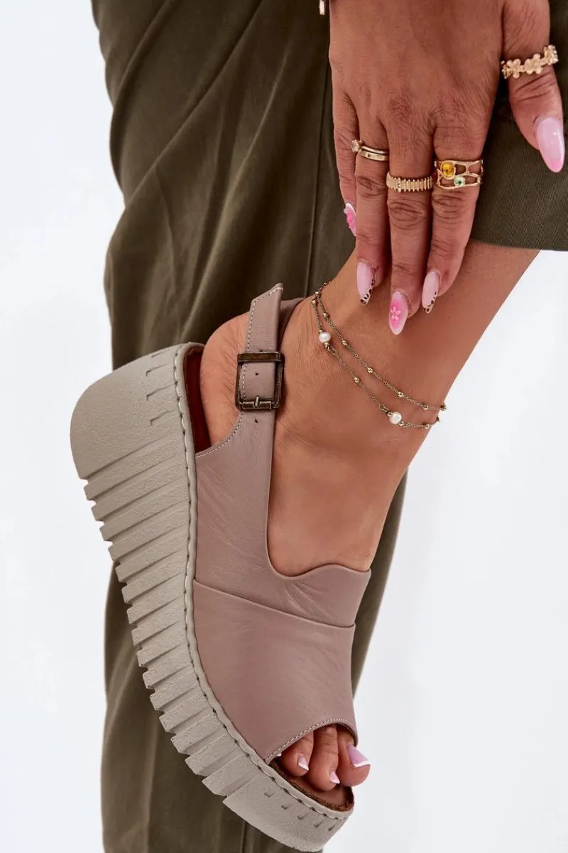 Sale Artiker Sandały Damskie Z Naturalnej Skóry Na Koturnie 54C0788 Ciemnobeżowe Beżowy