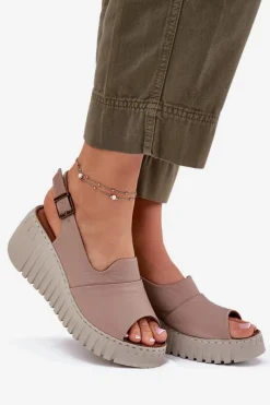 Sale Artiker Sandały Damskie Z Naturalnej Skóry Na Koturnie 54C0788 Ciemnobeżowe Beżowy