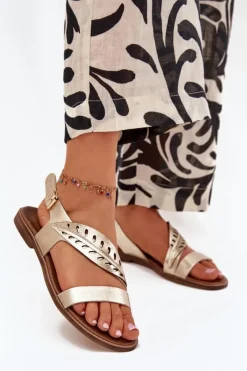 Best Sandały Damskie Z Naturalnej Skóry Na Płaskim Obcasie Zazoo 3564 Złote Damskie Sandały Płaskie