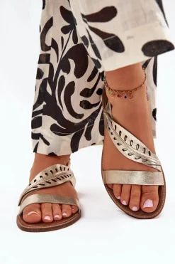 Best Sandały Damskie Z Naturalnej Skóry Na Płaskim Obcasie Zazoo 3564 Złote Damskie Sandały Płaskie