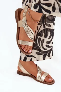 Best Sandały Damskie Z Naturalnej Skóry Na Płaskim Obcasie Zazoo 3564 Złote Damskie Sandały Płaskie