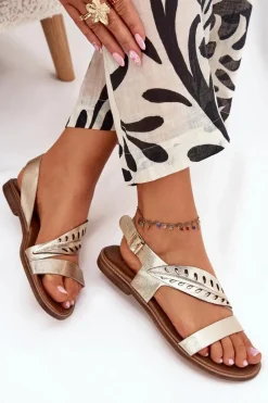 Best Sandały Damskie Z Naturalnej Skóry Na Płaskim Obcasie Zazoo 3564 Złote Damskie Sandały Płaskie