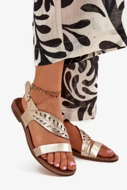 Best Sandały Damskie Z Naturalnej Skóry Na Płaskim Obcasie Zazoo 3564 Złote Damskie Sandały Płaskie