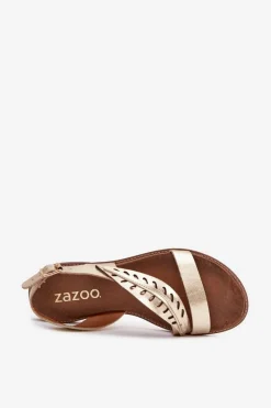 Best Sandały Damskie Z Naturalnej Skóry Na Płaskim Obcasie Zazoo 3564 Złote Damskie Sandały Płaskie