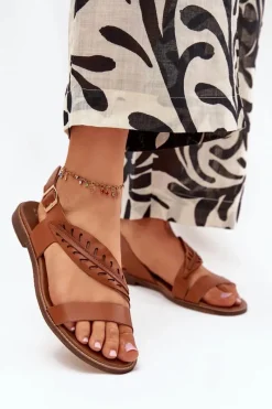 Sandały Płaskie>Boto Sandały Damskie Z Naturalnej Skóry Na Płaskim Obcasie Zazoo 3564 Camel Brązowy