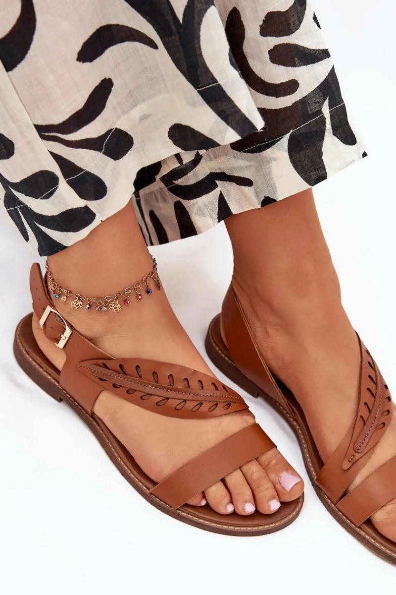 Sandały Płaskie>Boto Sandały Damskie Z Naturalnej Skóry Na Płaskim Obcasie Zazoo 3564 Camel Brązowy