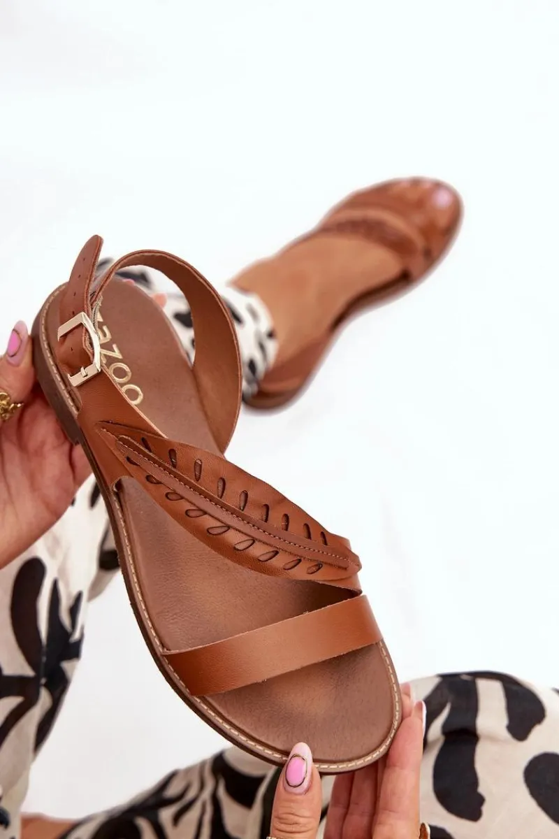 Sandały Płaskie>Boto Sandały Damskie Z Naturalnej Skóry Na Płaskim Obcasie Zazoo 3564 Camel Brązowy