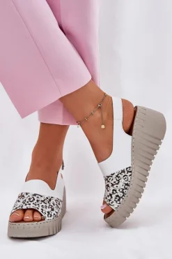 Sandały Damskie Z Naturalnej Skóry Na Koturnie 56C0958 Białe Damskie Sandały Na Koturnie