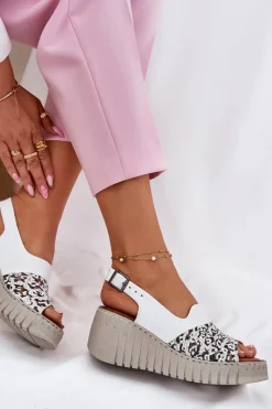 Sandały Damskie Z Naturalnej Skóry Na Koturnie 56C0958 Białe Damskie Sandały Na Koturnie