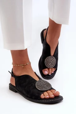 Best Sandały Damskie Z Ozdobą Na Płaskim Obcasie S.Barski KV24-057 Czarne Damskie Sandały Płaskie