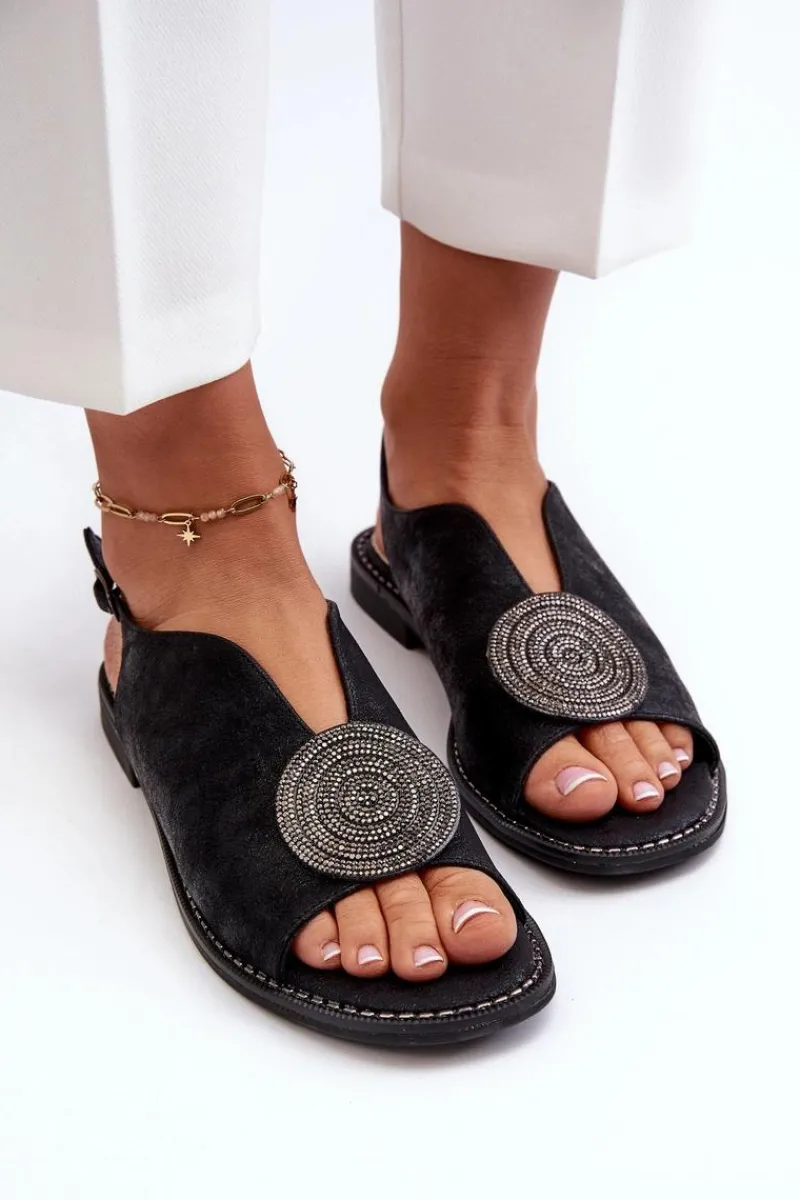 Best Sandały Damskie Z Ozdobą Na Płaskim Obcasie S.Barski KV24-057 Czarne Damskie Sandały Płaskie
