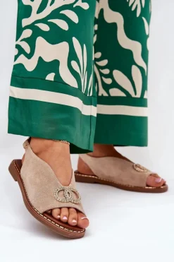 Sandały Płaskie>Boto Sandały Damskie Z Ozdobą Na Płaskim Obcasie Eko Zamszowe Beżowe Ralisses Beżowy