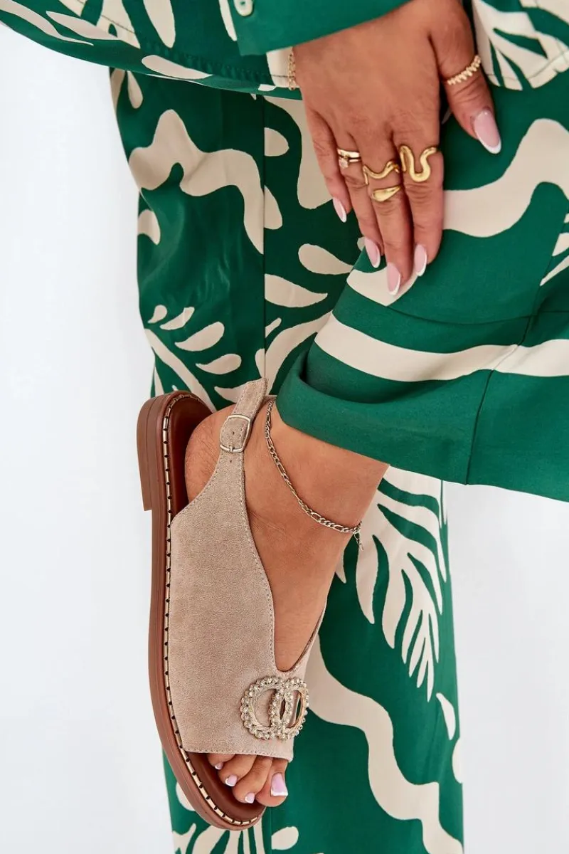 Sandały Płaskie>Boto Sandały Damskie Z Ozdobą Na Płaskim Obcasie Eko Zamszowe Beżowe Ralisses Beżowy