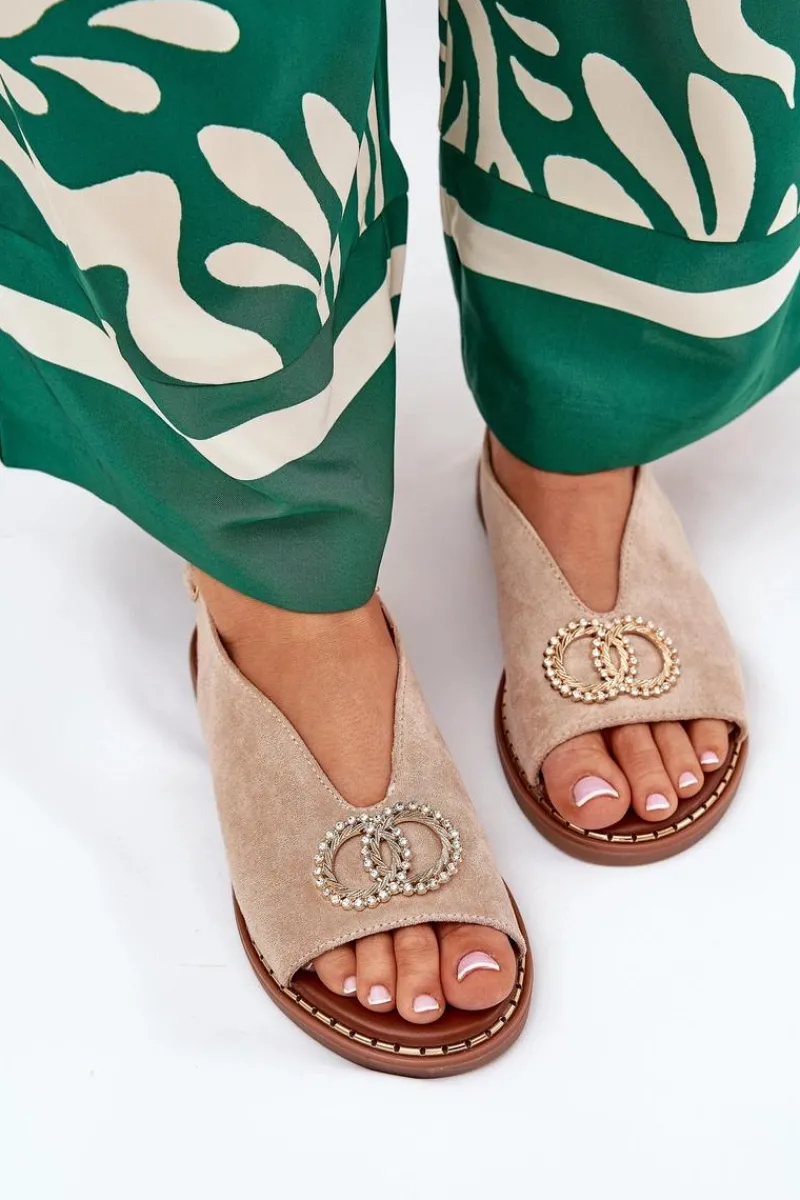 Sandały Płaskie>Boto Sandały Damskie Z Ozdobą Na Płaskim Obcasie Eko Zamszowe Beżowe Ralisses Beżowy