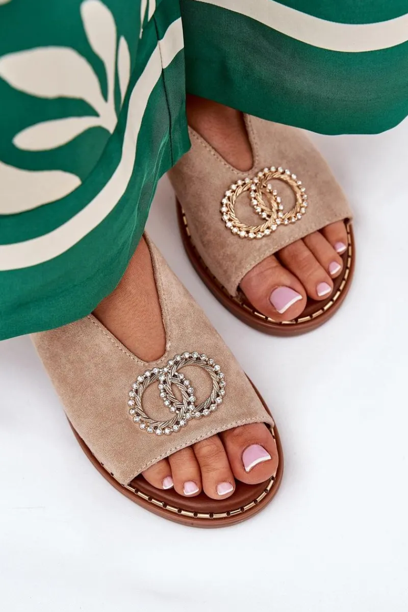 Sandały Płaskie>Boto Sandały Damskie Z Ozdobą Na Płaskim Obcasie Eko Zamszowe Beżowe Ralisses Beżowy