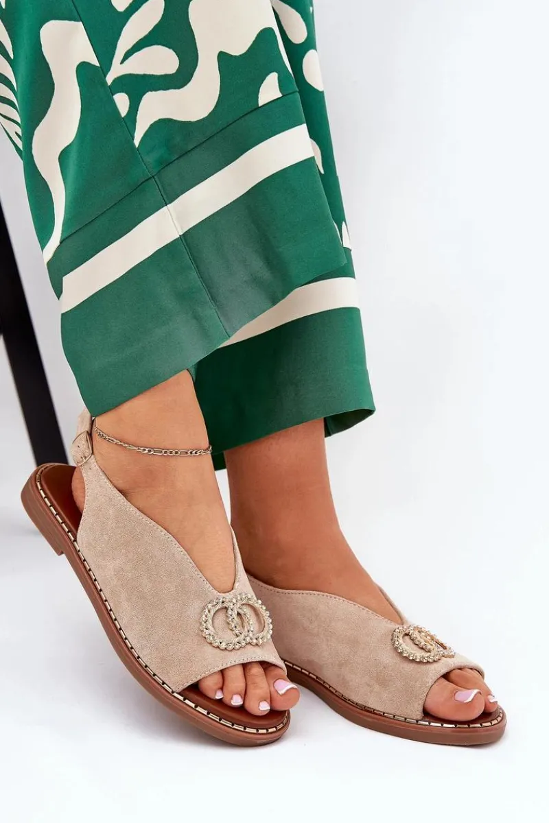 Sandały Płaskie>Boto Sandały Damskie Z Ozdobą Na Płaskim Obcasie Eko Zamszowe Beżowe Ralisses Beżowy