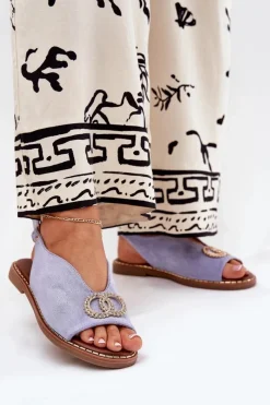 Online Boto Sandały Damskie Z Ozdobą Na Płaskim Obcasie Eko Zamszowe e Ralisses Niebieski