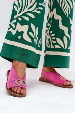 Online Sandały Damskie Z Ozdobą Na Płaskim Obcasie Eko Zamszowe Różowe Ralisses Damskie Sandały Płaskie