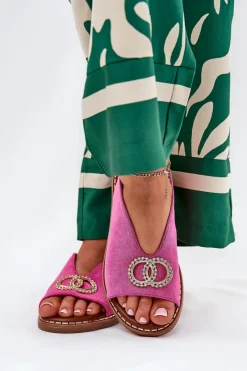 Online Sandały Damskie Z Ozdobą Na Płaskim Obcasie Eko Zamszowe Różowe Ralisses Damskie Sandały Płaskie