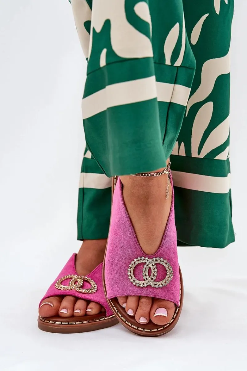 Online Sandały Damskie Z Ozdobą Na Płaskim Obcasie Eko Zamszowe Różowe Ralisses Damskie Sandały Płaskie