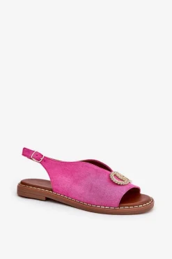 Online Sandały Damskie Z Ozdobą Na Płaskim Obcasie Eko Zamszowe Różowe Ralisses Damskie Sandały Płaskie