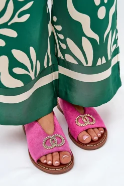 Online Sandały Damskie Z Ozdobą Na Płaskim Obcasie Eko Zamszowe Różowe Ralisses Damskie Sandały Płaskie