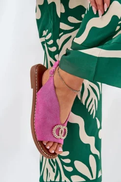 Online Sandały Damskie Z Ozdobą Na Płaskim Obcasie Eko Zamszowe Różowe Ralisses Damskie Sandały Płaskie