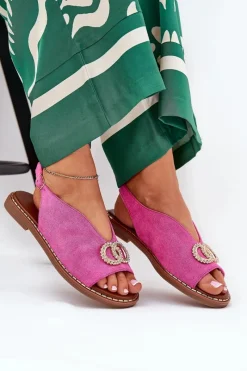 Online Sandały Damskie Z Ozdobą Na Płaskim Obcasie Eko Zamszowe Różowe Ralisses Damskie Sandały Płaskie
