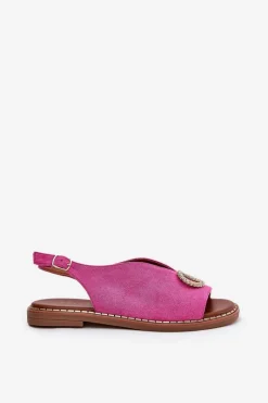 Online Sandały Damskie Z Ozdobą Na Płaskim Obcasie Eko Zamszowe Różowe Ralisses Damskie Sandały Płaskie