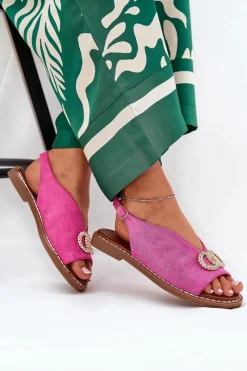 Online Sandały Damskie Z Ozdobą Na Płaskim Obcasie Eko Zamszowe Różowe Ralisses Damskie Sandały Płaskie