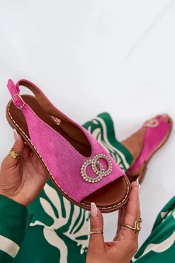 Online Sandały Damskie Z Ozdobą Na Płaskim Obcasie Eko Zamszowe Różowe Ralisses Damskie Sandały Płaskie