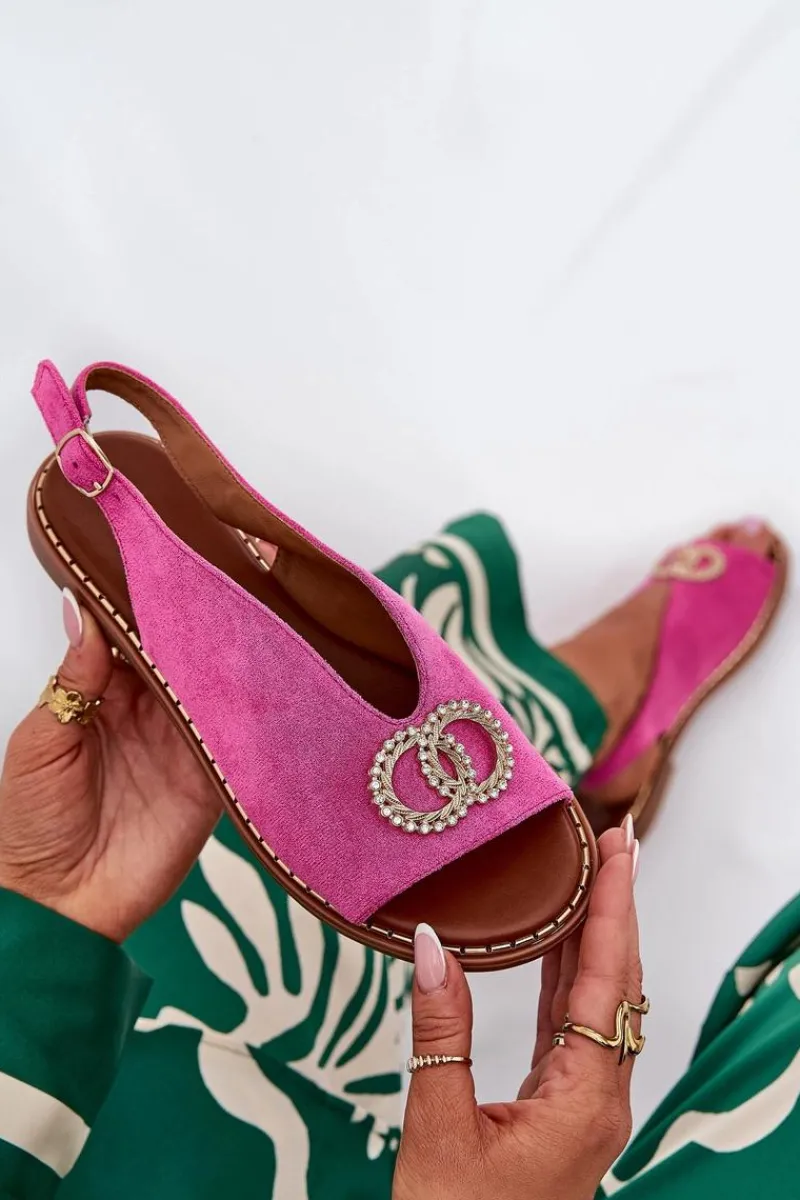 Online Sandały Damskie Z Ozdobą Na Płaskim Obcasie Eko Zamszowe Różowe Ralisses Damskie Sandały Płaskie