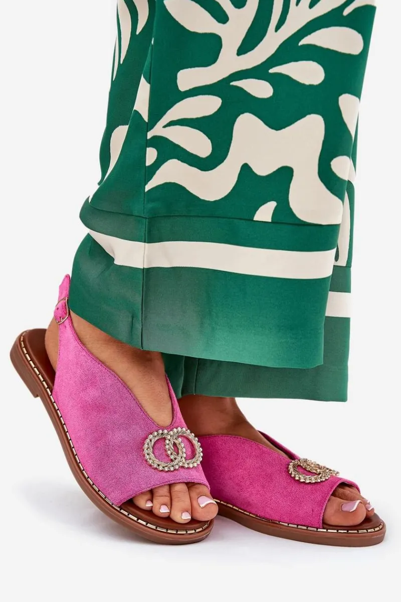 Online Sandały Damskie Z Ozdobą Na Płaskim Obcasie Eko Zamszowe Różowe Ralisses Damskie Sandały Płaskie