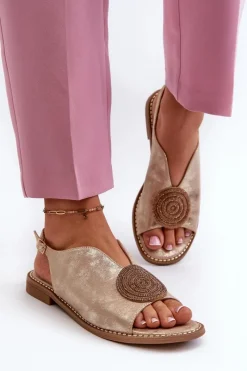 Sandały Płaskie>Damskie buty S.Barski Sandały Damskie Z Ozdobą Na Płaskim Obcasie S.Barski KV24-057 Złote