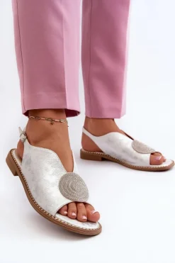 Best Damskie buty S.Barski Sandały Damskie Z Ozdobą Na Płaskim Obcasie S.Barski KV24-057 Srebrne