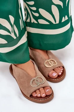 Sandały Płaskie>Boto Sandały Damskie Z Ozdobą Na Płaskim Obcasie Eko Zamszowe Ciemnobeżowe Ralisses Beżowy