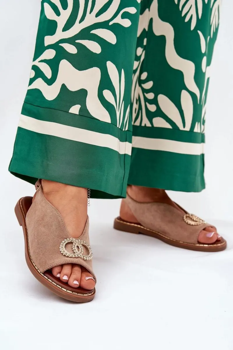 Sandały Płaskie>Boto Sandały Damskie Z Ozdobą Na Płaskim Obcasie Eko Zamszowe Ciemnobeżowe Ralisses Beżowy