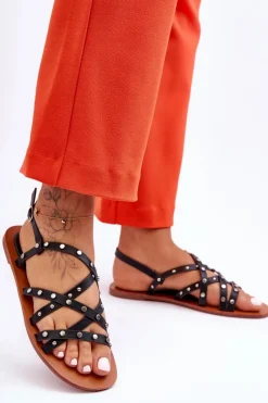 Best Sandały Damskie Z Ozdobami Czarne Alemona Damskie Sandały Płaskie