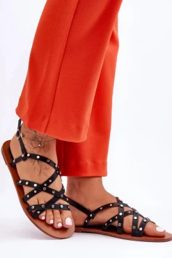 Best Sandały Damskie Z Ozdobami Czarne Alemona Damskie Sandały Płaskie