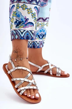 Best Sandały Damskie z Ozdobami Srebrne Alemona Damskie Sandały Płaskie