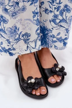 Best Sandały Damskie Z Ozdobnym Kwiatkiem Czarne Divonne Damskie Sandały Na Koturnie