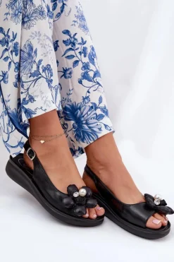 Best Sandały Damskie Z Ozdobnym Kwiatkiem Czarne Divonne Damskie Sandały Na Koturnie