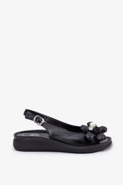 Best Sandały Damskie Z Ozdobnym Kwiatkiem Czarne Divonne Damskie Sandały Na Koturnie