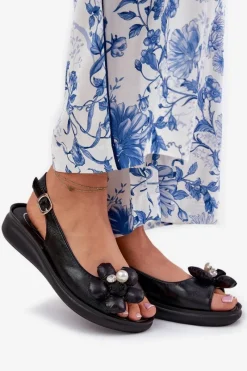 Best Sandały Damskie Z Ozdobnym Kwiatkiem Czarne Divonne Damskie Sandały Na Koturnie