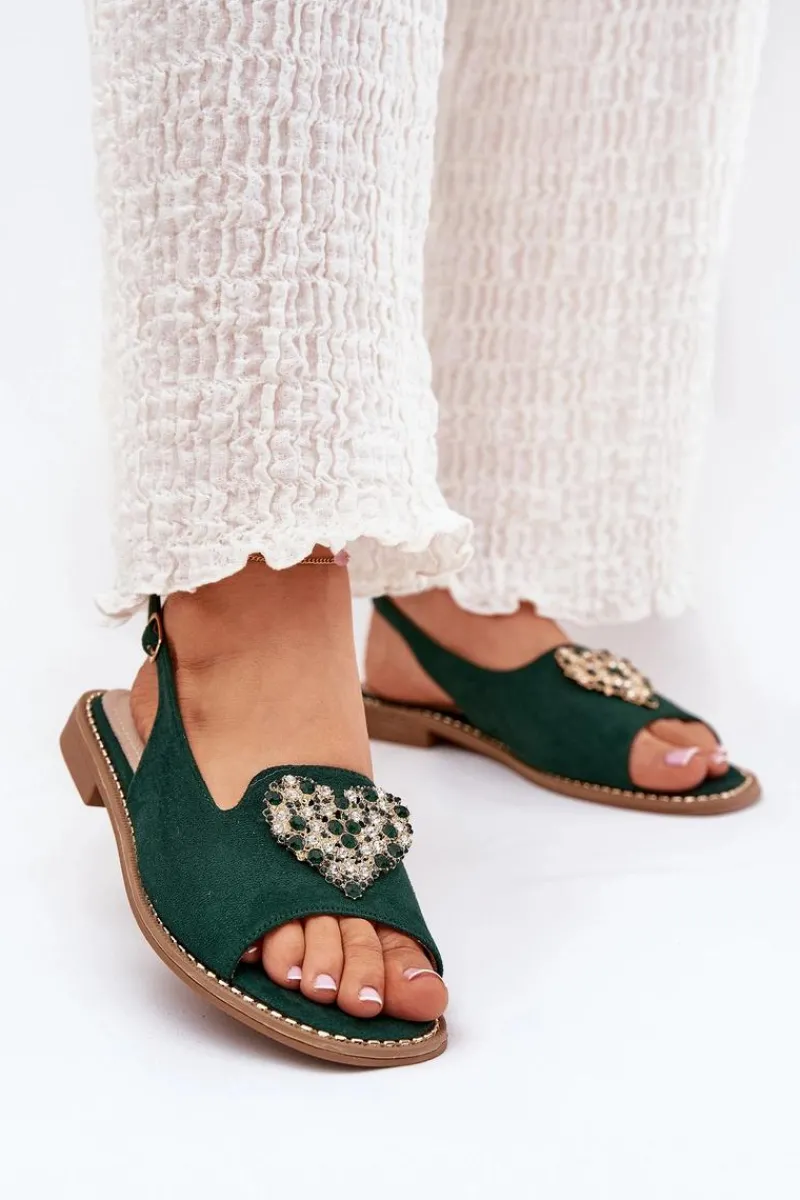 Sandały Damskie Z Ozdobnym Sercem S.Barski KV27-018 Zielone Damskie Sandały Płaskie