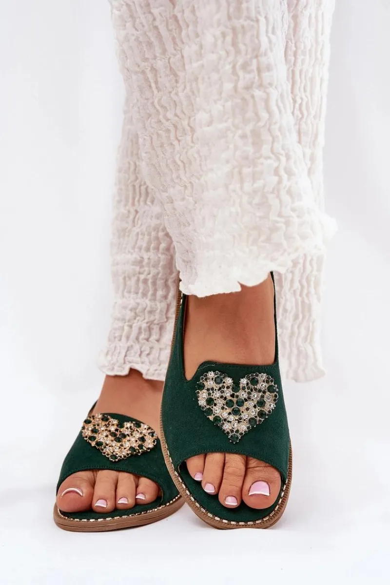 Sandały Damskie Z Ozdobnym Sercem S.Barski KV27-018 Zielone Damskie Sandały Płaskie