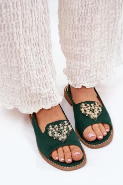 Sandały Damskie Z Ozdobnym Sercem S.Barski KV27-018 Zielone Damskie Sandały Płaskie