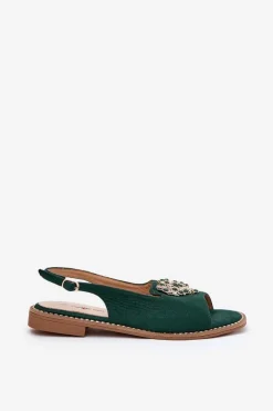 Sandały Damskie Z Ozdobnym Sercem S.Barski KV27-018 Zielone Damskie Sandały Płaskie