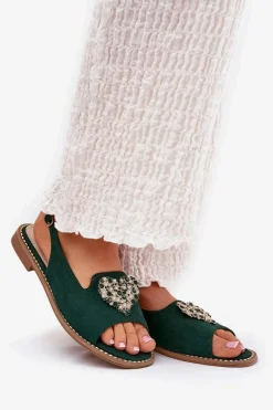 Sandały Damskie Z Ozdobnym Sercem S.Barski KV27-018 Zielone Damskie Sandały Płaskie