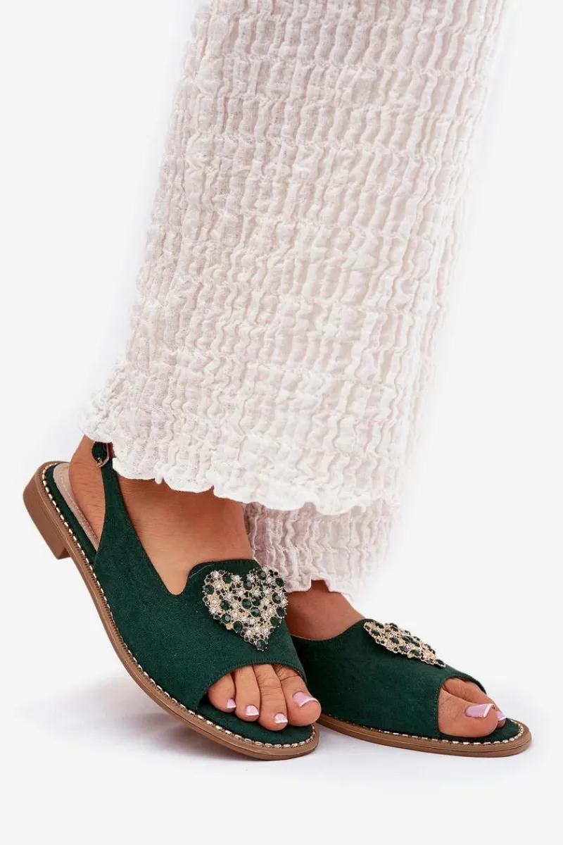 Sandały Damskie Z Ozdobnym Sercem S.Barski KV27-018 Zielone Damskie Sandały Płaskie